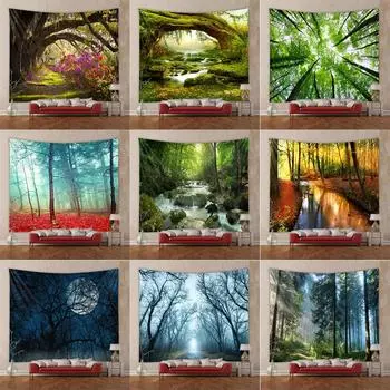 Зеленый лес звездное небо природный пейзаж печать узор дома гостиная комната украшения стены фон ткань гобелен 100x75cm