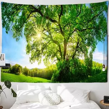 Зеленый лесной гобелен, растительный пейзаж, природный пейзаж, большое дерево, настенный Гобелен Мандала, хиппи, домашний декор для гостиной 95x70 CM