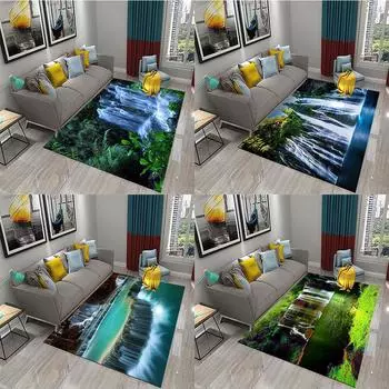 Зеленый лесной ковер с природными пейзажами, ковер для спальни, ванной комнаты, двери, нескользящий ковер, ковер с водопадом, пейзажный ковер для гостиной 40x60cm