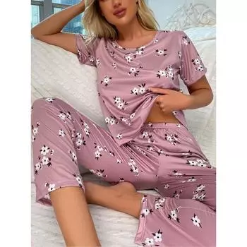 Зеленый маленький цветок женские пижамы комплекты осень зима длинные рукава длинные брюки повседневная пижама уютная пижама мягкая пижама для девочек S