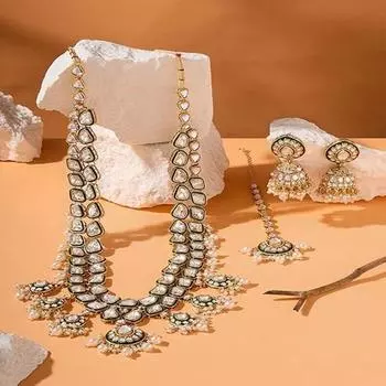 Зеленый Минакари Кундан свадебный длинный ослепительный ожерелье серьги Maangtikka комплект для женщин