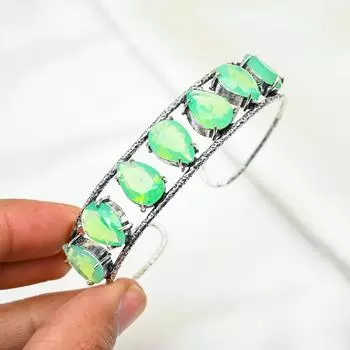 Зеленый молочный опал драгоценный камень браслет манжета, браслет из стерлингового серебра 925 пробы, браслет-манжета ручной работы, регулируемый браслет, для подарков, помолвочных украшений Adjustable зелёный