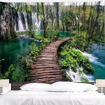 Зеленый Натуральный Гобелен, Водопад, Тропический Лес, Подвесная Ткань, Фоновая Ткань Для Гостиной, Декоративная Живопись Для Спальни, Домашние Обои 95*73