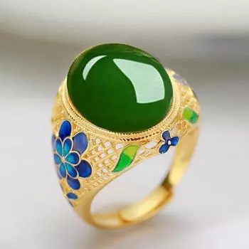 Зеленый нефрит, изумруд, синяя эмаль, цветы, элегантные кольца для женщин, позолоченные ювелирные изделия, аксессуары для мам, подарки на день рождения, подарок resizable