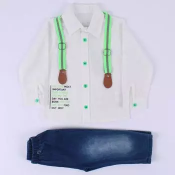 Зеленый неоновый костюм-рубашка с бретельками и джинсы для мальчика