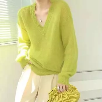 Зеленый нежный однотонный свитер с v-образным вырезом, пуловер для женщин, весна 2023, свободный вязаный свитер с длинными рукавами, женский пуловер