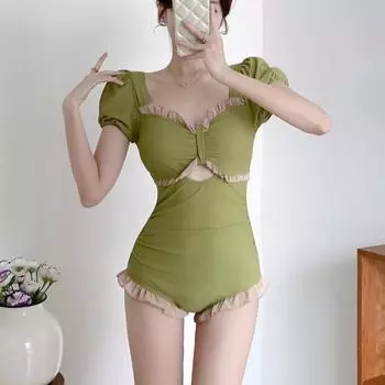 Зеленый новый элегантный купальник, женский летний купальник с рюшами, тонкий, покрытый животом, цельный, покрытый мясом, сексуальная пляжная вечеринка S зелёный