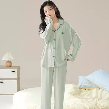 Зеленый однотонный пижамный комплект для женщин с длинными рукавами и длинными штанами на осень-зиму, повседневная пижама для девочек, уютная пижама, мягкая ночная рубашка M
