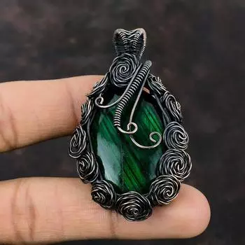 Зеленый огонь, лабрадорит, кулон, медная проволока, кулон, медные украшения ручной работы, оригинальный кулон с драгоценным камнем, проволочная пленка, ювелирный подарок для мамы