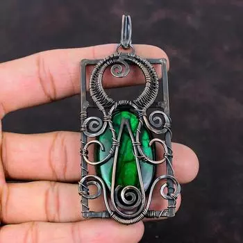 Зеленый огонь, подвеска из лабрадорита, медная проволока, кулон ручной работы, медный ювелирный дизайнер, кулон, проволочная обмотка, кулон с драгоценным камнем, подарок для него