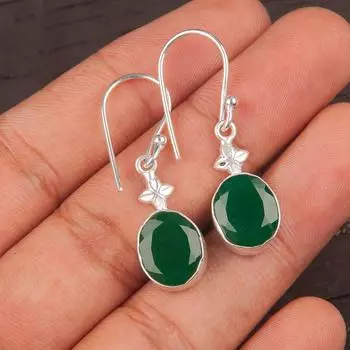 Зеленый Оникс Драгоценный Камень 925 Проба Серебро Ювелирные Изделия Ручной Работы Серьги 1.30 Для Женщин EE-6-16