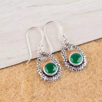 Зеленый Оникс Драгоценный Камень 925 Стерлинговое Серебро Дизайнерские Женские Серьги 1,38 CE-3-14