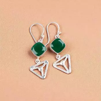Зеленый Оникс Драгоценный Камень 925 Стерлинговое Серебро Ювелирные Изделия Ручной Работы Свадебные Серьги 2.00 EE-45-13