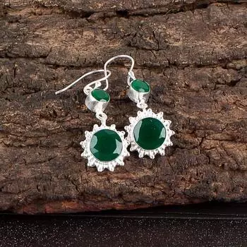 Зеленый Оникс Драгоценный Камень 925 Стерлинговое Серебро Ювелирные Изделия Висячие Женские Серьги 1.80 EE-13-17