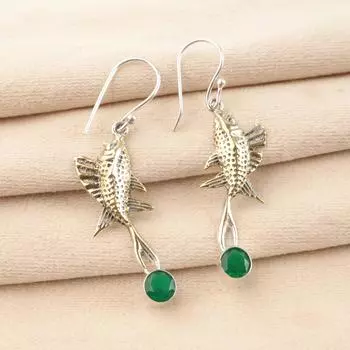 Зеленый Оникс Драгоценный Камень 925 Стерлинговое Серебро Ювелирные Изделия Ручной Работы Серьги-Подвески 2.17 EE-148-17