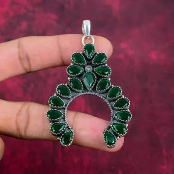 Зеленый оникс драгоценный камень, кулон ручной работы из цельного стерлингового серебра 925 пробы, великолепное ожерелье с подвеской, ювелирные изделия для нее 3.26 Inches зелёный