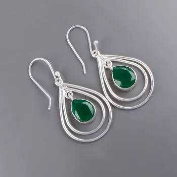 Зеленый Оникс Драгоценный Камень Серебро 925 Пробы Штампованное Ювелирные Изделия Ручной Работы Вечерние Серьги 2.00 EE-34-17