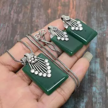 Зеленый оникс драгоценный камень стерлингового серебра 925 пробы ожерелье ручной работы + комплект ювелирных изделий серьги зелёный