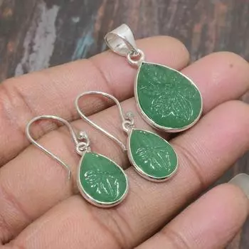 Зеленый оникс, драгоценный камень, твердый кулон ручной работы из стерлингового серебра 925 пробы + серьги, комплект ювелирных изделий зелёный
