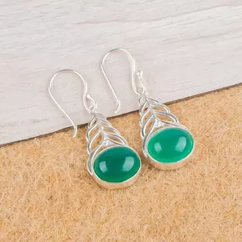 Зеленый Оникс Кабошон Драгоценный камень 925 Стерлинговое Серебро Ювелирные изделия Женские Серьги 1.64 Для подарка CE-1-32