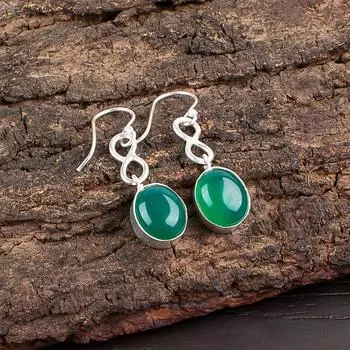 Зеленый Оникс Кабошон Драгоценный камень Ювелирные изделия из серебра 925 пробы Ручная работа Серьги-капли 1,60 EE-12-32