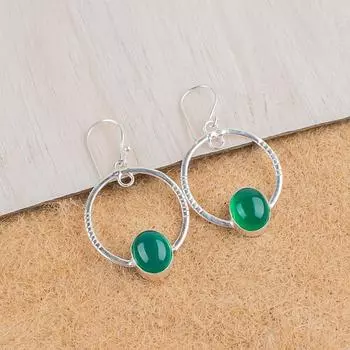 Зеленый Оникс Кабошон Драгоценный камень Серебро 925 пробы Изделия ручной работы Серьги 1,37 EE-67-36
