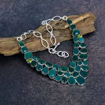 Зеленый оникс. Ожерелье с драгоценными камнями и перидотом, ювелирные изделия из цельного серебра 925 пробы, красивое ожерелье ручной работы для нее Adjustable with 18 inches зелёный