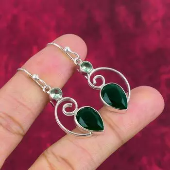 Зеленый оникс, серьги с зеленым аметистом, драгоценные камни, серьги ручной работы из чистого серебра 925 пробы, ювелирные изделия последнего дизайна 1.97 Inches зелёный