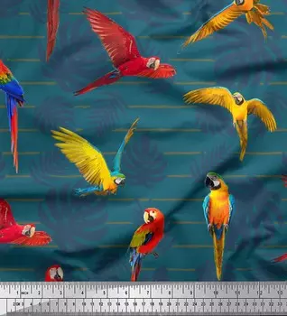 Зеленый поли креп Soimoi, швейная ткань с тропическими листьями и птицами BTY, 42 дюйма 42 Inch Wide - Poly Crepe зелёный