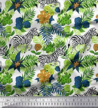 Зеленый поли креп Soimoi, швейная ткань с тропическими листьями и дикими животными BTY, 42 дюйма 42 Inch Wide - Poly Crepe зелёный