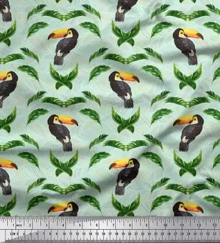 Зеленый поли креп Soimoi Ткань с принтом тукан и листья и птицы 1 ярд 42 дюйма 42 Inch Wide - Poly Crepe зелёный