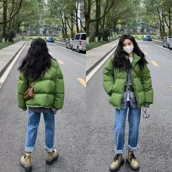 Зеленый пуховик женский короткий новый модный бренд мода пара воротник стойка повседневный свободный пальто модный S чёрный