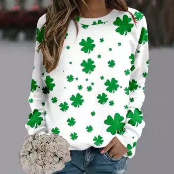 Зеленый пуловер свитера женские одежда на День Святого Патрика 2024 женская повседневная зеленая спортивная футболка с длинным рукавом и круглым вырезом женские топы S