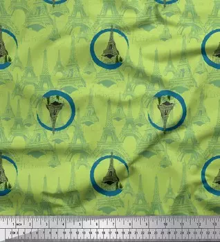 Зеленый японский креп-сатин Soimoi, архитектурная ткань из кедра и Эйфелевой башни с принтом на метр, 42 дюйма 42 Inch Wide - Poly Crepe зелёный