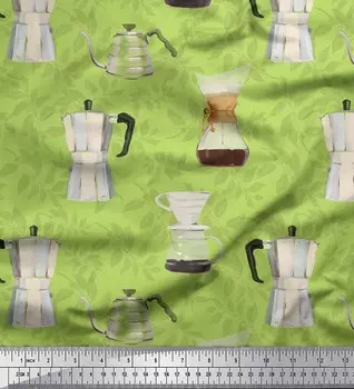 Зеленый японский креп-сатин Soimoi, кофейник и миксер, кухонная ткань с принтом по метрам, 42 дюйма 42 Inch Wide - Poly Crepe зелёный