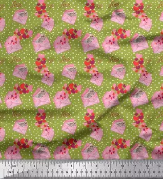 Зеленый японский креп-сатин Soimoi, конверт, ткань с принтом звезд и сердечек по метрам, 42 дюйма 42 Inch Wide - Poly Crepe зелёный