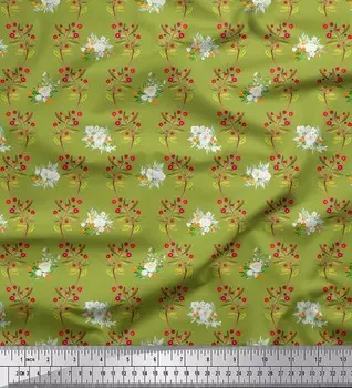 Зеленый японский креп-сатин Soimoi, красные ягоды и рубашка-поло, роза, цветочный декор, ткань с принтом, метр, 42 дюйма 42 Inch Wide - Poly Crepe зелёный