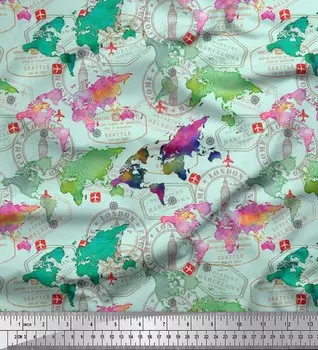 Зеленый японский креп-сатин Soimoi с принтами на ткани и картой мира, размерами 42 дюйма 42 Inch Wide - Poly Crepe зелёный