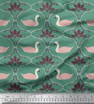 Зеленый японский креп-сатин Soimoi, ткань с лебединым и марокканским дамасским принтом на метр, 42 дюйма 42 Inch Wide - Poly Crepe зелёный