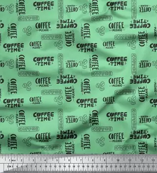 Зеленый японский креп-сатин Soimoi, ткань с текстовым принтом Coffee Time, ткань по метрам, 42 дюйма 42 Inch Wide - Poly Crepe зелёный