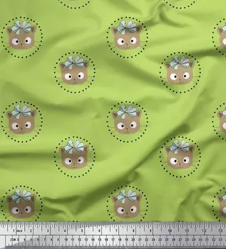 Зеленый японский креп-сатин Soimoi, ткань с принтом в виде банта и котенка, 1 метр, 42 дюйма 42 Inch Wide - Poly Crepe зелёный