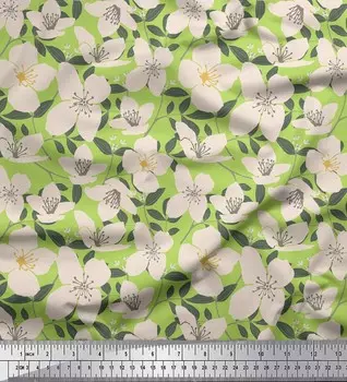 Зеленый японский креп-сатин Soimoi, ткань с листьями и кардаминовым цветочным декором, ткань с принтом, 42 дюйма 42 Inch Wide - Poly Crepe зелёный