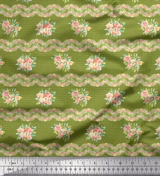 Зеленый японский креп-сатин Soimoi, ткань с принтом в виде листьев и пионов, 1 метр, 42 дюйма 42 Inch Wide - Poly Crepe зелёный