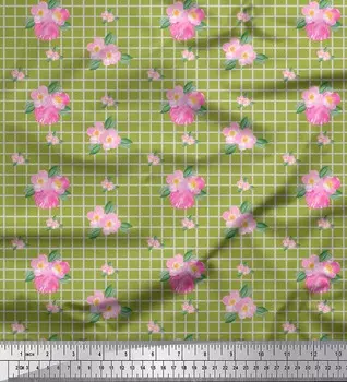 Зеленый японский креп-сатин Soimoi, ткань с барвинком и клетчатым декором, ткань с принтом, 42 дюйма 42 Inch Wide - Poly Crepe зелёный