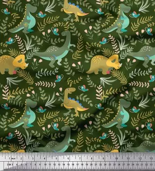 Зеленый японский креп-сатин Soimoi, ткань с принтом динозавров и листьев красного дерева, 1 метр 42 дюйма 42 Inch Wide - Poly Crepe зелёный
