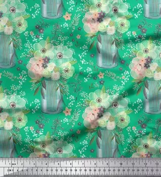 Зеленый японский креп-сатин Soimoi, ваза для бутылок и ткань с цветочным принтом анемоны, 42 дюйма по метрам 42 Inch Wide - Cotton Voile зелёный