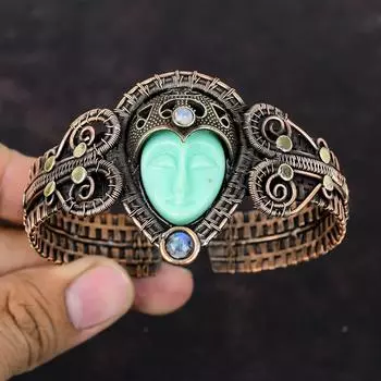 Зеленый резной браслет из кости для лица, браслет-манжета, браслет с драгоценным камнем, медная проволока, обернутый регулируемым браслетом-манжетой, браслет ручной работы из лунного камня, медные ювелирные изделия