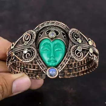 Зеленый резной браслет из кости для лица Браслет-манжета из медной проволоки Браслет-манжета Браслет из драгоценных камней Регулируемый браслет-манжета Радужные браслеты ручной работы из лунного камня