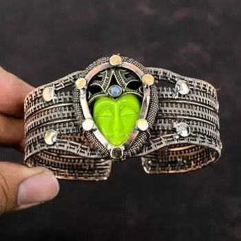 Зеленый резной браслет-манжета с лицом из кости, медная проволока, регулируемый браслет-манжета, ручная работа, радуга, лунный камень, драгоценные камни, ювелирные изделия для подарка