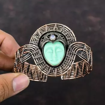 Зеленый резной браслет с лицом из кости, медная проволока, регулируемый браслет-манжета, браслет с лунным камнем, ювелирные изделия ручной работы из меди, подарок для женщин
